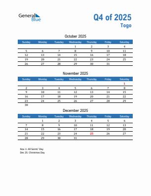 Togo Quarter 4  2025 calendar template