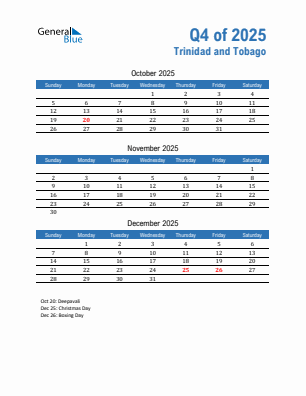 Trinidad and Tobago Quarter 4  2025 calendar template