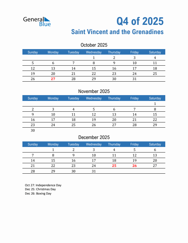 Saint Vincent and the Grenadines Q4 2025 Quarterly Calendar with Sunday Start