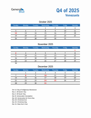 Venezuela Quarter 4  2025 calendar template