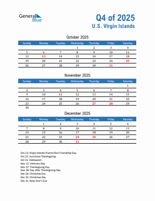 U.S. Virgin Islands Quarter 4  2025 calendar template