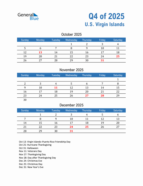 U.S. Virgin Islands Q4 2025 Quarterly Calendar with Sunday Start