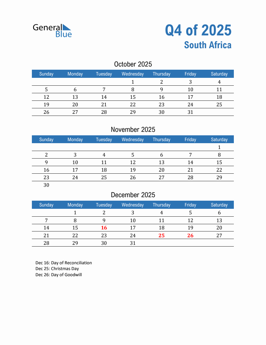 South Africa Quarterly Calendar (Quarter 4 of 2025)