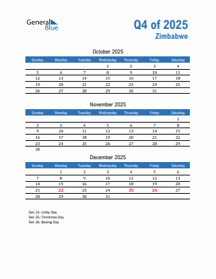 Zimbabwe Quarter 4  2025 calendar template