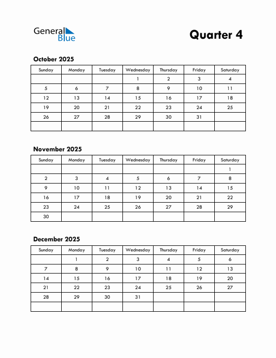 Quarter 4 2025 calendar template