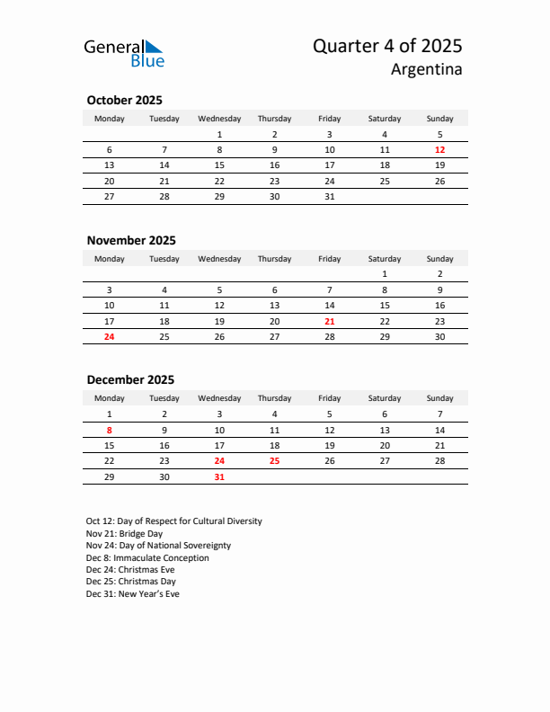 2025 Q4 Three-Month Calendar for Argentina