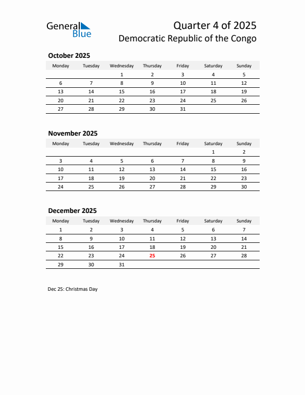2025 Q4 Three-Month Calendar for Democratic Republic of the Congo