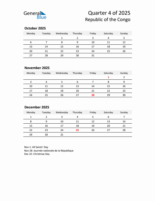 2025 Q4 Three-Month Calendar for Republic of the Congo