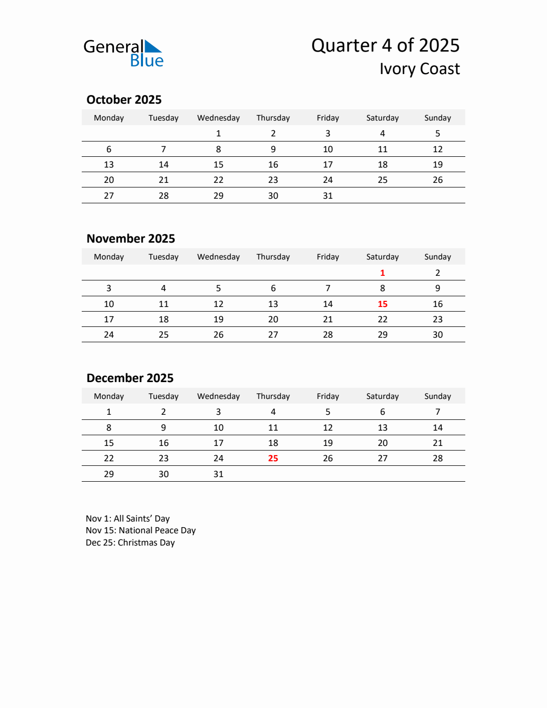 Q4 2025 Monday Start Quarterly Calendar with Ivory Coast Holidays