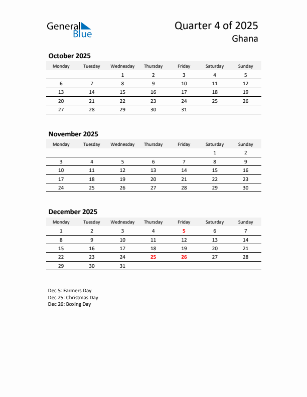 2025 Q4 Three-Month Calendar for Ghana