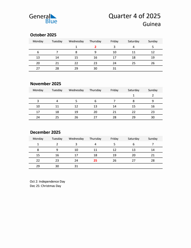 2025 Q4 Three-Month Calendar for Guinea