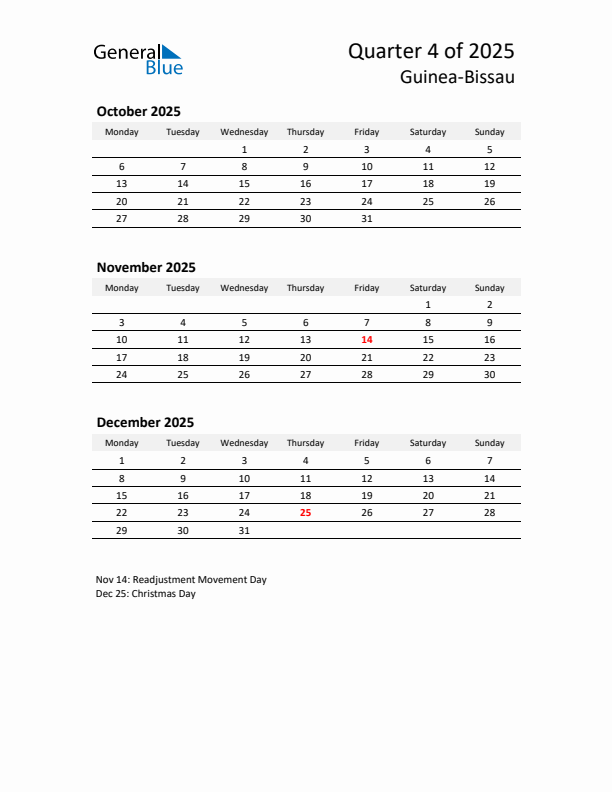 2025 Q4 Three-Month Calendar for Guinea-Bissau