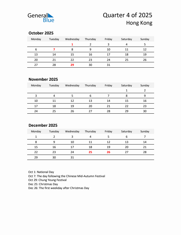 2025 Q4 Three-Month Calendar for Hong Kong