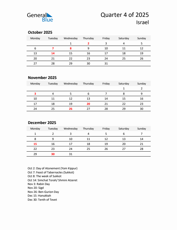 2025 Q4 Three-Month Calendar for Israel