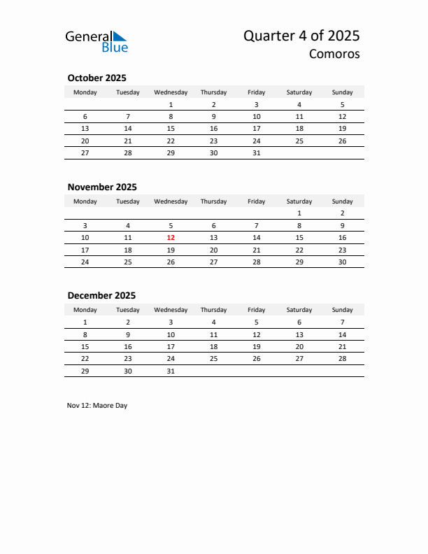 2025 Q4 Three-Month Calendar for Comoros