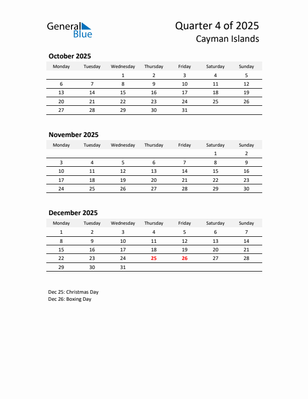 2025 Q4 Three-Month Calendar for Cayman Islands