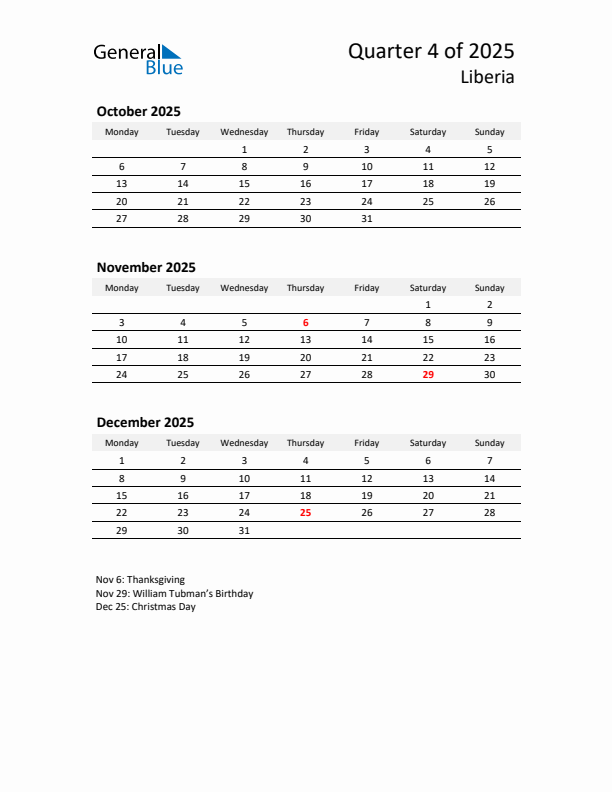 2025 Q4 Three-Month Calendar for Liberia