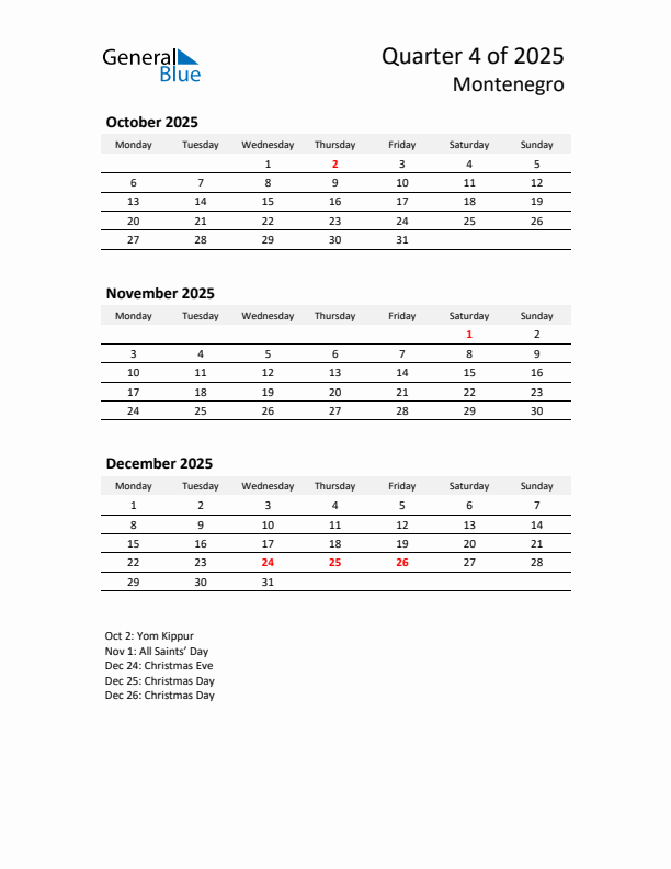 2025 Q4 Three-Month Calendar for Montenegro