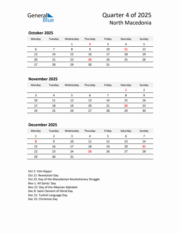 2025 Q4 Three-Month Calendar for North Macedonia