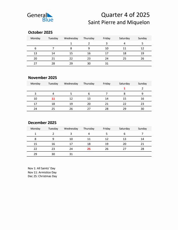 2025 Q4 Three-Month Calendar for Saint Pierre and Miquelon
