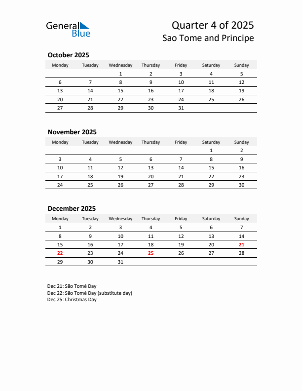 2025 Q4 Three-Month Calendar for Sao Tome and Principe