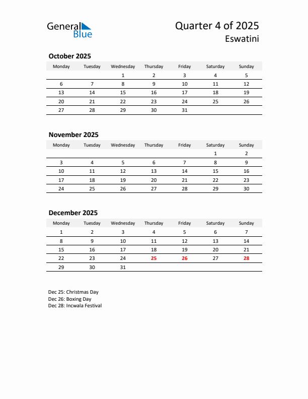 2025 Q4 Three-Month Calendar for Eswatini