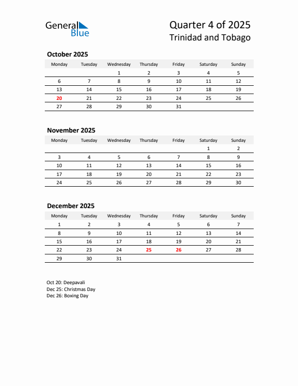 2025 Q4 Three-Month Calendar for Trinidad and Tobago