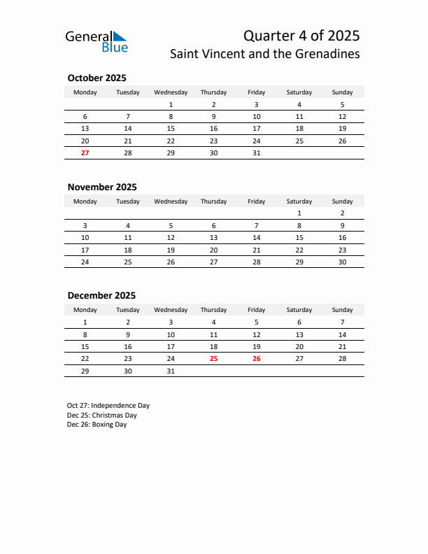 2025 Q4 Three-Month Calendar for Saint Vincent and the Grenadines