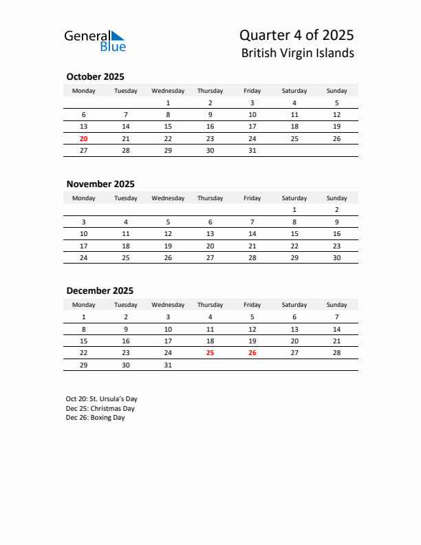 2025 Q4 Three-Month Calendar for British Virgin Islands