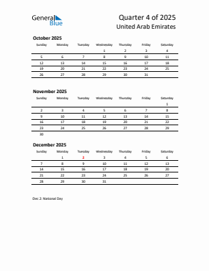 United Arab Emirates Quarter 4 2025 calendar template