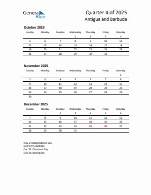 Antigua and Barbuda Quarter 4  2025 calendar template