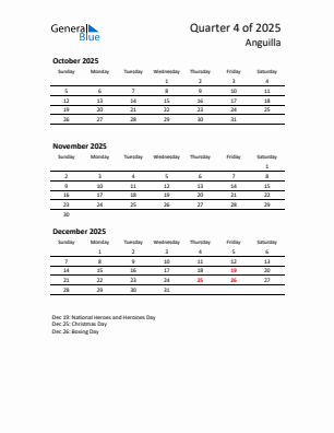 Anguilla Quarter 4  2025 calendar template