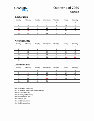 Albania Quarter 4  2025 calendar template
