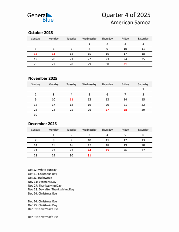 2025 Q4 Three-Month Calendar for American Samoa