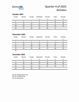 Barbados Quarter 4 2025 calendar template