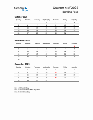 Burkina Faso Quarter 4 2025 calendar template