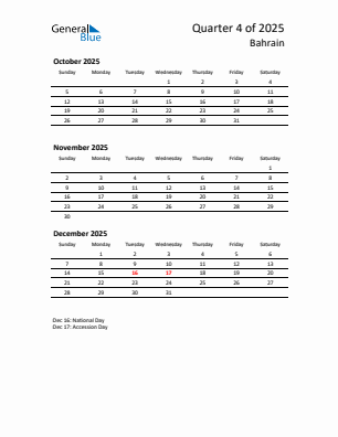 Bahrain Quarter 4 2025 calendar template