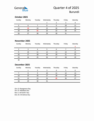 Burundi Quarter 4 2025 calendar template
