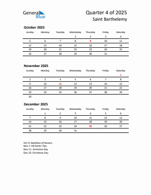 Saint Barthelemy Quarter 4  2025 calendar template