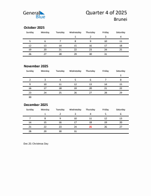 Brunei Quarter 4 2025 calendar template