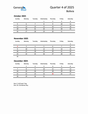 Bolivia Quarter 4 2025 calendar template