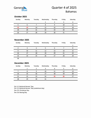 Bahamas Quarter 4 2025 calendar template