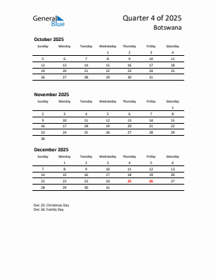 Botswana Quarter 4 2025 calendar template
