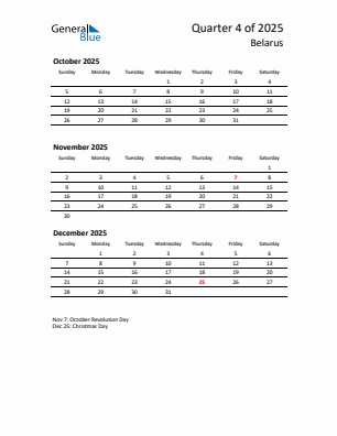 Belarus Quarter 4  2025 calendar template