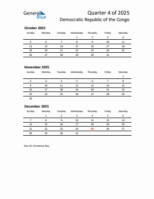 Democratic Republic of the Congo Quarter 4  2025 calendar template