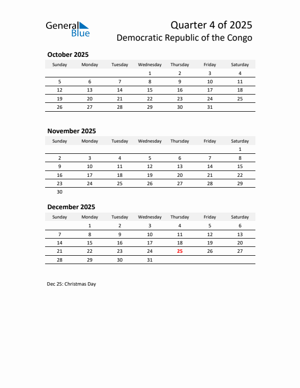 2025 Q4 Three-Month Calendar for Democratic Republic of the Congo