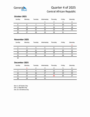Central African Republic Quarter 4 2025 calendar template