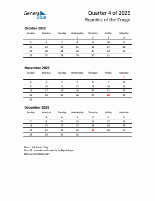 Republic of the Congo Quarter 4  2025 calendar template
