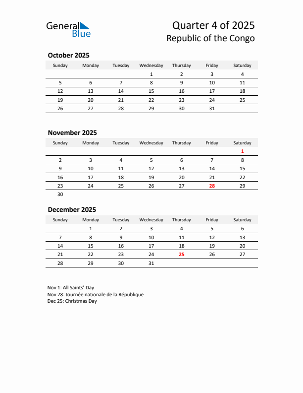 2025 Q4 Three-Month Calendar for Republic of the Congo