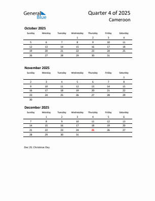 Cameroon Quarter 4 2025 calendar template